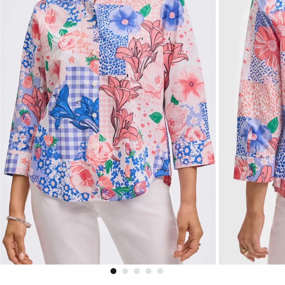 Foxcroft Pink and Blue Floral Button Down Top Size 4 Small 3/4 Sleeves